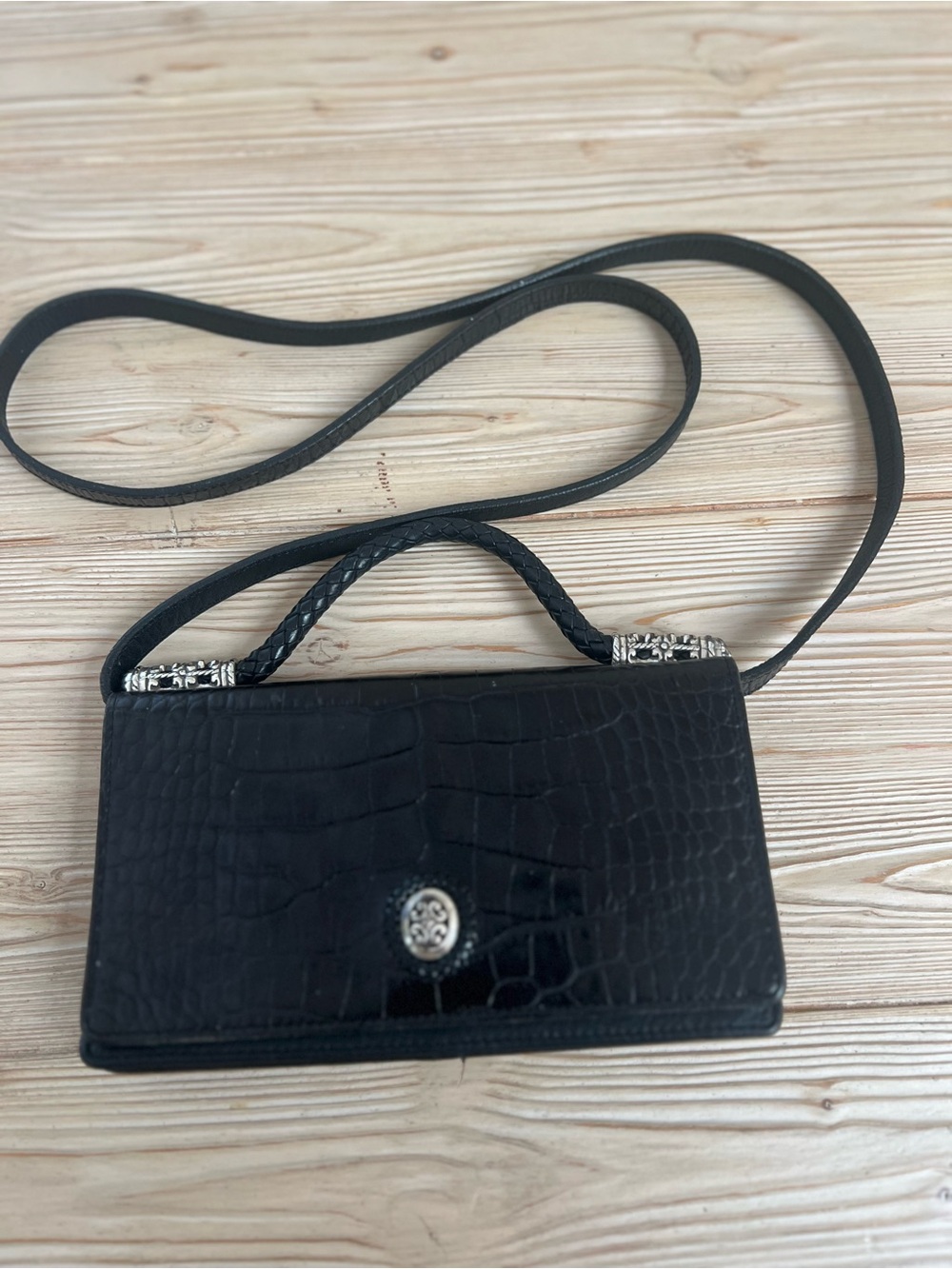 Brighton Black Croc Embossed Leather Organizer Crossbody Wallet Bag